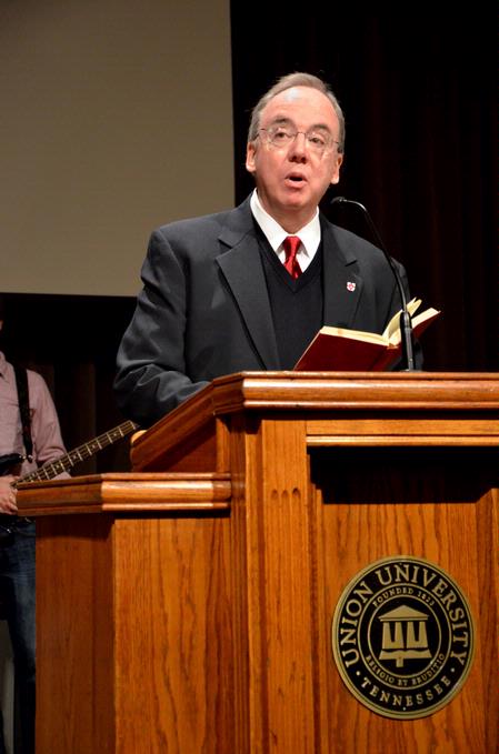 David S. Dockery, president of the university, introduces Russell D. Moore as speaker for chapel during the Crabtree Family Life Series. - Photo by Deanna Santangelo