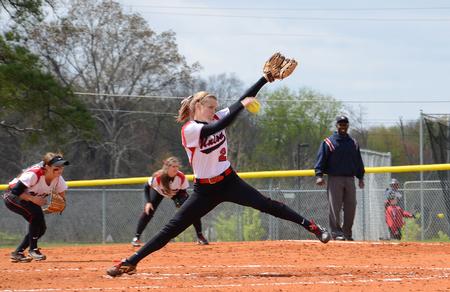 Keaton Kirk, sophomore athletic training major, pitches the first of a double-header sweep for the Union Lady Bulldogs against Cumberland University. - Photo by Victoria Stargel