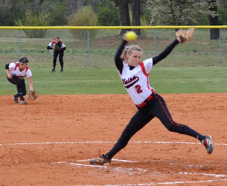 Keaton Kirk, sophomore athletic training major, pitches the first of a double-header sweep for the Union Lady Bulldogs against Cumberland University. - Photo by Victoria Stargel