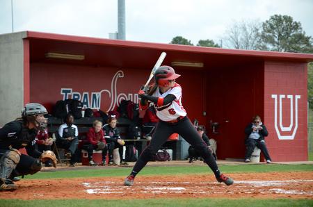 CJ Browder, freshman political science major, bats for the Union Lady Bulldogs in the first of a double-header sweep against Cumberland University. - Photo by Victoria Stargel