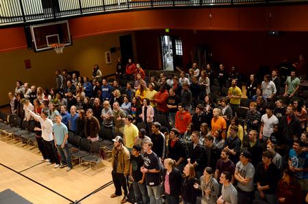 Union students gather in the Bowld Student Commons for the first annual Abraham's Altar event, a student led mid-semester revival. - Photo by Ebbie Davis