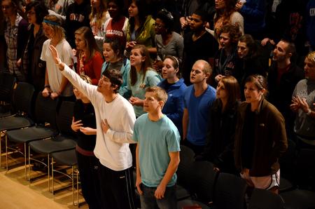 Union students gather in the Bowld Student Commons for the first annual Abraham's Altar event, a student led mid-semester revival. - Photo by Ebbie Davis