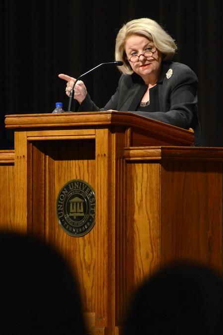 Mary McCleary, Regent’s Professor of Art Emeritus at Stephen F. Austin State University in Nacogdoches, Texas, speaks to students and faculty during chapel. - Photo by Beth Spain