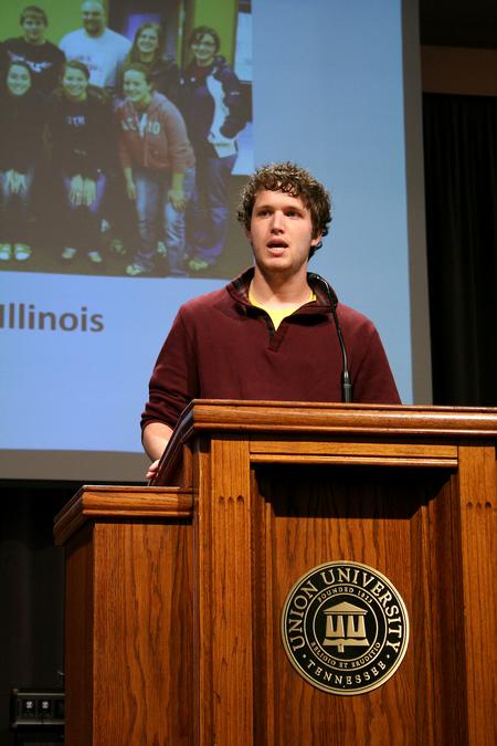 Daniel Linton, junior theology major, speaks about his Go Trip to Illinois during Chapel. - Photo by Deanna Santangelo