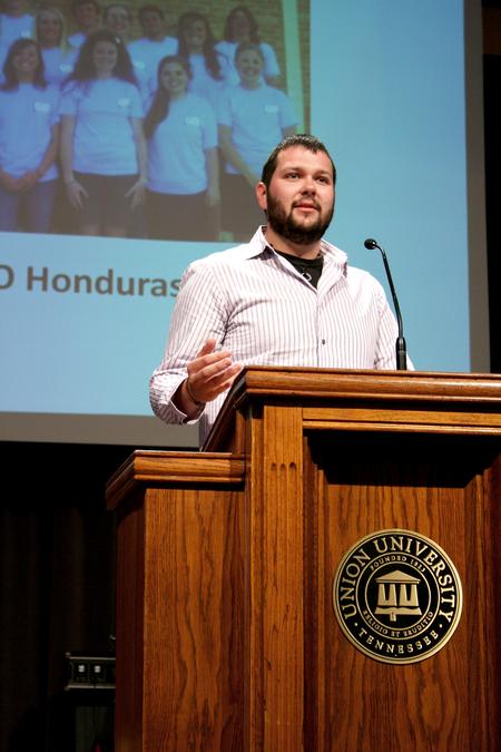 Rusty Tuders, junior youth ministry major, speaks about his Go Trip to Honduras during Chapel. - Photo by Deanna Santangelo