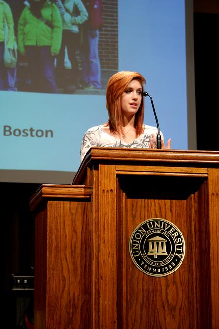 Tiana Wright, freshman nursing major, speaks about her Go Trip to Boston during Chapel. - Photo by Deanna Santangelo