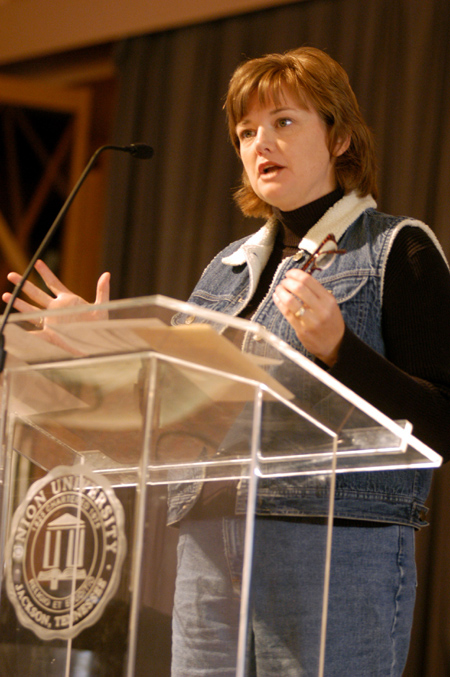 Provost Carla Sanderson spoke at the Day of Remembrance worship service that was held before over 800 students, faculty and staff served at various locations around the Jackson community in remembrance of the November 2002 tornado. - Photo by Lindsay Stavish