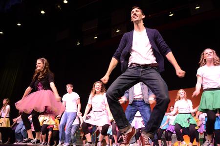 The independent group "There and Back Again" performs a <em>Back to the Future</em> skit at the 14th annual Variety Show. - Photo by Abigail Harris