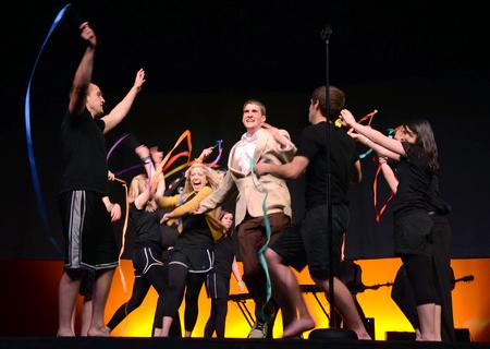 The 14th annual Variety Show skit team celebrates another great showing at the end of the performance.  - Photo by Abigail Harris