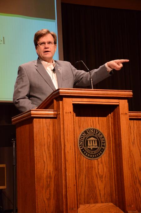 Gene Fant, dean of the college of arts and sciences, leads chapel discussing faith as a radical decision. - Photo by Ebbie Davis
