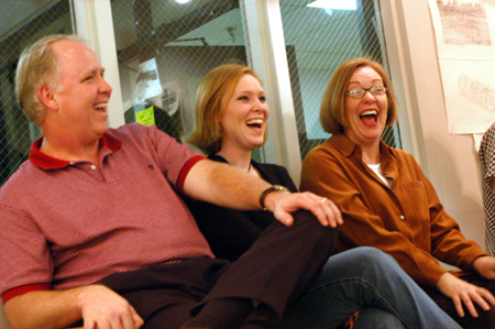 Freshman Allison Steele and her parents Roy and Brenda Steele enjoy Art professor Lee Benson's remarks during the Gallery Talk Family Workshop during Family Weekend 2003. - Photo by Jonathan Blair