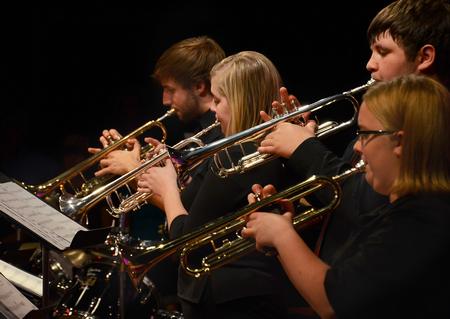 Union trumpet players add their tone to the Union University Jazz Band as they play for students and the Jackson community.  - Photo by Victoria Stargel