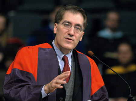 Dr. Robert P. George, McCormick Professor of Jurisprudence at Princton University delivers the commencement address during Fall Graduation 2003. - Photo by Jim Veneman