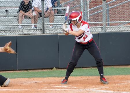 Katie Beth Fesmire, sophomore nursing major, lets a ball go by while at bat.  - Photo by Morris Abernathy