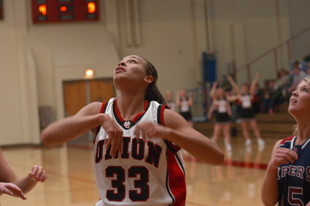 Junior forward Stephanie Clark (33) reacts to a shot in a game versus Lyon College. - Photo by Jonathan Blair