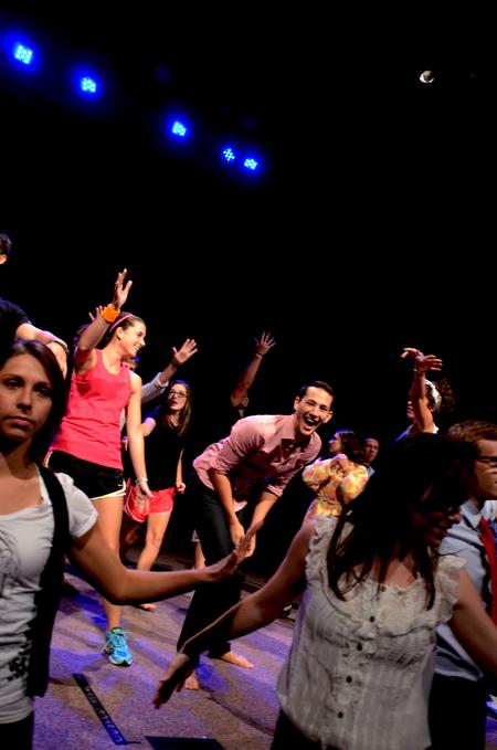 Focus leaders entertain the incoming freshmen at their annual Focus Show, by acting out skits and singing songs.  - Photo by Ebbie Davis