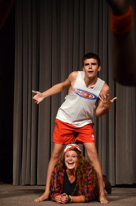 Joey Davis, sophmore focus leader, and Megan Coley, junior elementary education, entertain at the annual Focus Show. - Photo by Zac Calvert