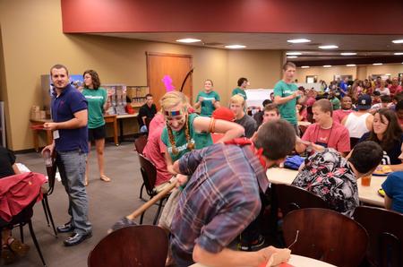 Lifegroup leaders perform a flashmob in the Brewer Dining Hall for the new students.  - Photo by Zac Calvert