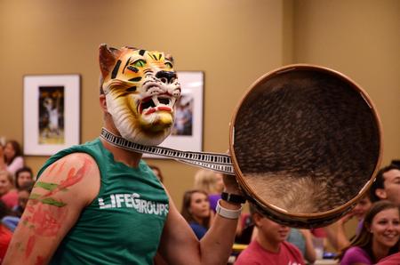 Ben Wright, sophomore dms major, dresses up for a Lifegroup leader flashmob in the Brewer Dining Hall.  - Photo by Zac Calvert