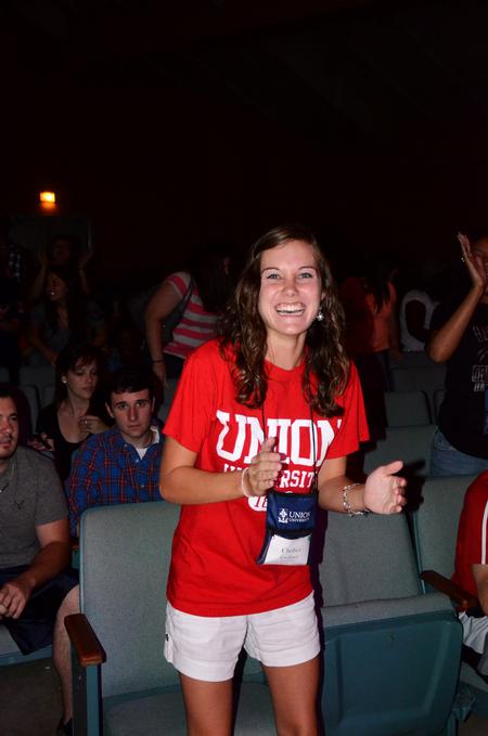 Chelsea Gwaltney, freshman nursing major, has fun at the annual SAC Game Show.   - Photo by Zac Calvert
