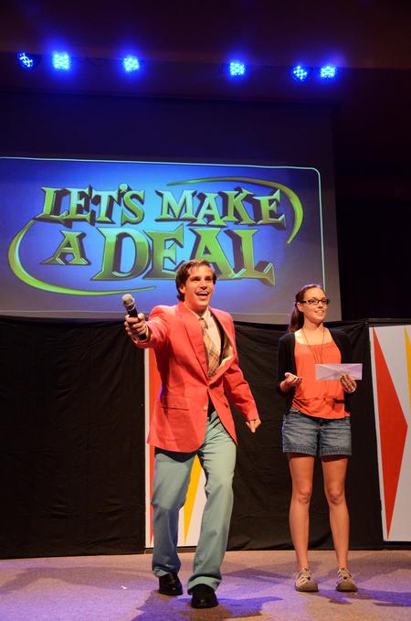 Spencer Connatser, senior youth ministry major, hosts one of the games during the annual SAC Game Show, Let's Make a Deal. - Photo by Zac Calvert