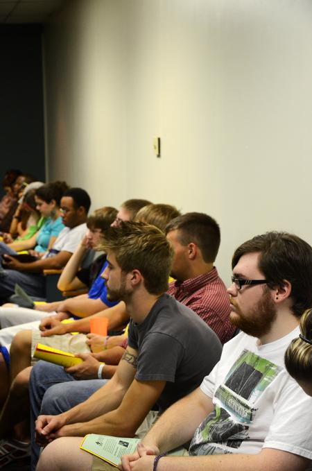 Kurtis Gallop, freshman spanish major, along with other new freshmen, attend sessions about academic services during Freshmen Focus. - Photo by Zac Calvert