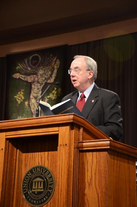 David S. Dockery, president of the university, welcomes attendees to a session of the KJV400 Festival: Legacy & Impact celebrating the 400th anniversary of the King James Version of the Bible. - Photo by Zac Calvert