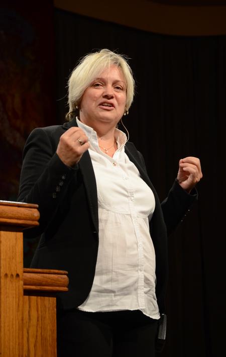 Ingunn Breistein, associate professor at Ansgar College and Theological Seminary in Norway, speaks during chapel about the challenges of effectively sharing the gospel in Europe. - Photo by Jacob Moore