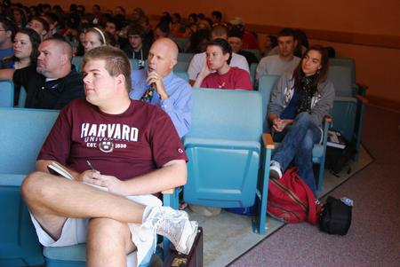 Will Miller, junior Biblical languages major, listens as Greg Thornbury, dean of the school of theology and missions and vice president for spiritual life, speaks on the life of Saul. - Photo by Anne Richoux
