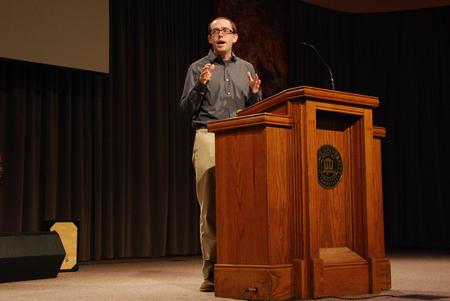 An International Mission Board missionary in Botswana speaks in chapel about the importance of staying committed to taking the gospel to all nations. - Photo by Anne Richoux