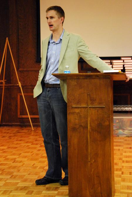 Matthew Anderson, author of “Earthen Vessels: Why Our Bodies Matter to Our Faith,” speaks to students and faculty about integrating the gospel in our discussion of controversial issues.  - Photo by Anne Richoux