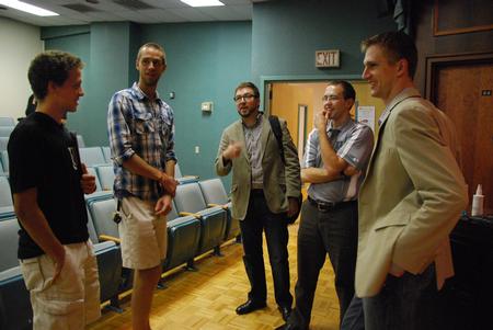 Matthew Anderson (right), author of “Earthen Vessels: Why Our Bodies Matter to Our Faith,” talks to students and faculty following his lecture. - Photo by Anne Richoux