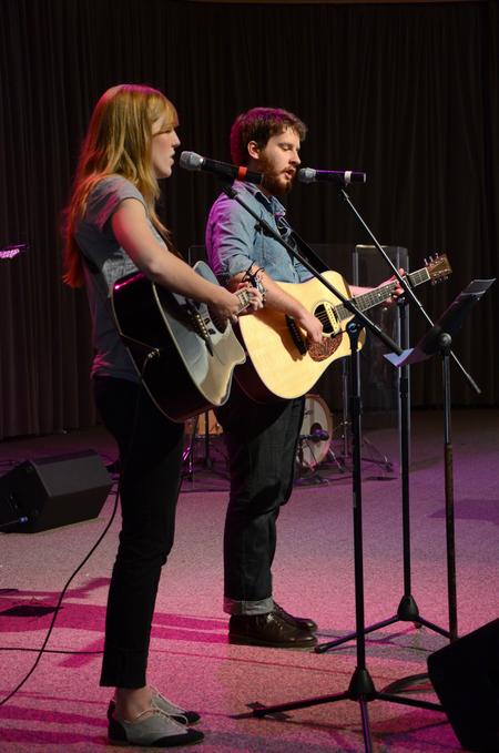 Olivia Wallace, sophomore elementary education major, sings during Family Weekend chapel alongside TJ Hester, senior philosophy major. - Photo by Jacob Moore