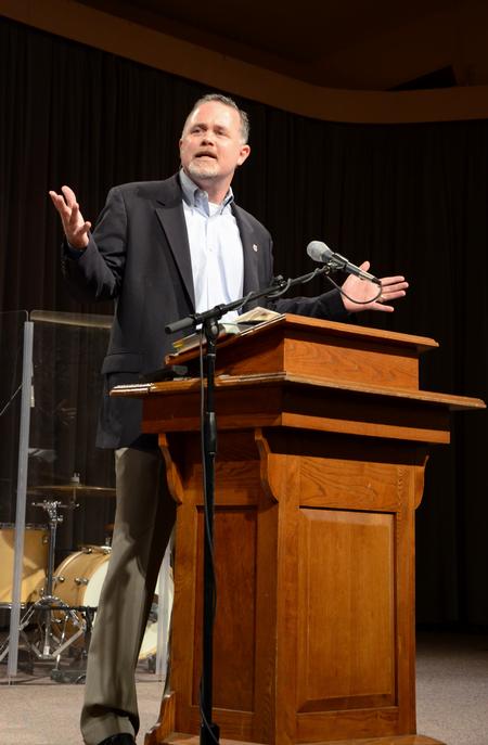 Todd Brady, special assistant to the president for university relations, speaks in chapel during Family Weekend. - Photo by Jacob Moore