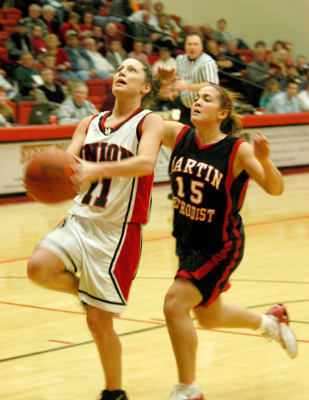Sophomore guard Jennifer Henson (11) outruns a Martin Methodist defender for an easy lay-up in Union's TranSouth Conference win. - Photo by Steven Aldridge