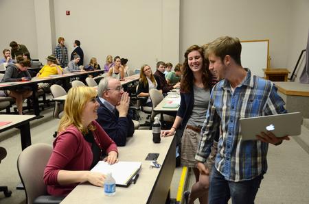 Kylie McDonald and Kirby Lewis, junior political science majors, talk with David Dockery, president of the university, and Kimberly Thornbury, vice president for student services, before a Student Senate meeting. - Photo by Jacob Moore