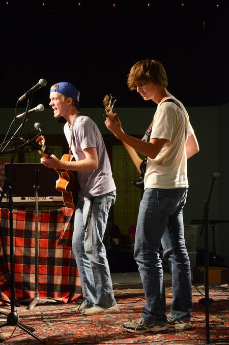 David Knack, sophomore Biblical language studies, and Zach Baker, sophomore mechanical engineering major, perform at Open Mic in Barefoots Joe. - Photo by Zac Calvert