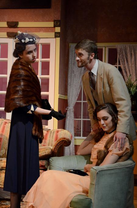 Jack Worthing, played by Ben Haws (right), tries to convince Lady Bracknell, played by Aubrey Swanson (left), to let him marry Gwendolyn Fairfax, played by Allison Hearn. - Photo by Anne Richoux
