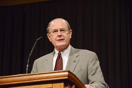 Dr. Jerol Swaim, president of Williams Baptist College, speaks after receiving the Distinguished Alumnus Award. - Photo by Zac Calvert