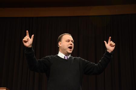 Lyle Larson, senior pastor of First Baptist Church of Goodlettville, preaches about heavenly treasures during the Homecoming Reunion Chapel. - Photo by Zac Calvert