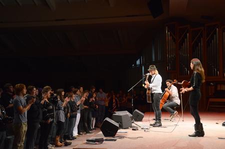 Cellist Keith Tutt, singer Jon Foreman, and violinist Ann Marie Calhoun perform at the Homecoming Concert in the G.M. Savage Memorial Chapel. - Photo by Zac Calvert