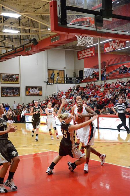 Mrashi Karumba goes in for a lay-up against St. Francis during the homecoming game. The Lady Bulldogs won the game 82-45. - Photo by Zac Calvert