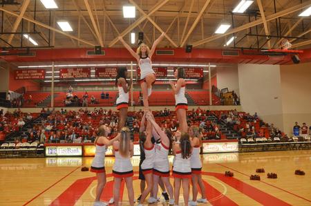 Union cheerleaders preform during half-time of the Lady Bulldogs game. - Photo by Morris Abernathy