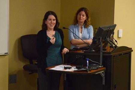 Jennifer Escue and Louisa Saratora, who serve with Catholic Charities of Tennessee, give a lecture titled, "Beyond Good Intentions: When Culture, Crisis, and Social Services Intersect" at a Town and Gown lecture.  - Photo by Anne Richoux