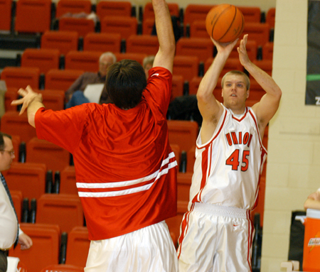 Senior forward Andrew Gamble (45) takes a shot during warmups prior to a Union game. - Photo by Kristen Hiller