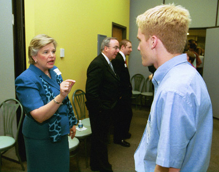 First Lady Lanese Dockery greets Freshman Andy Morris at the President's Reception. - Photo by Jim Veneman