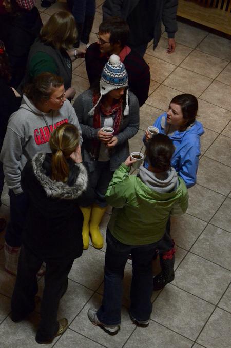 Students enjoy hot cider at Deck the Halls, a residence life event to  decorate McAfee Student Commons and celebrate the holidays.  - Photo by Anne Richoux