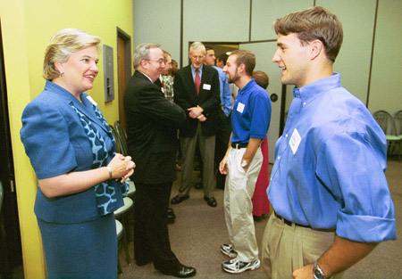 President David S. Dockery and his wife Lanese greet students at the annual President's Reception.  Speaking with Dr. Dockery is Junior Biology major Michael Keifer and speaking with Mrs. Dockery is Freshman Kevin Pratt.
 - Photo by Jim Veneman