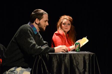 Rob Griffith, sophomore English major, and Heather Nicholas, senior theatre/speech major, play out a scene for Jillian Barron's one act called 'Sure Thing.' - Photo by Jacob Moore