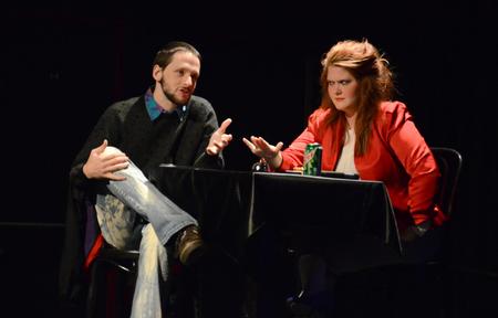Rob Griffith, sophomore English major, and Heather Nicholas, senior theatre/speech major, play out a scene for Jillian Barron's one act called 'Sure Thing.' - Photo by Jacob Moore